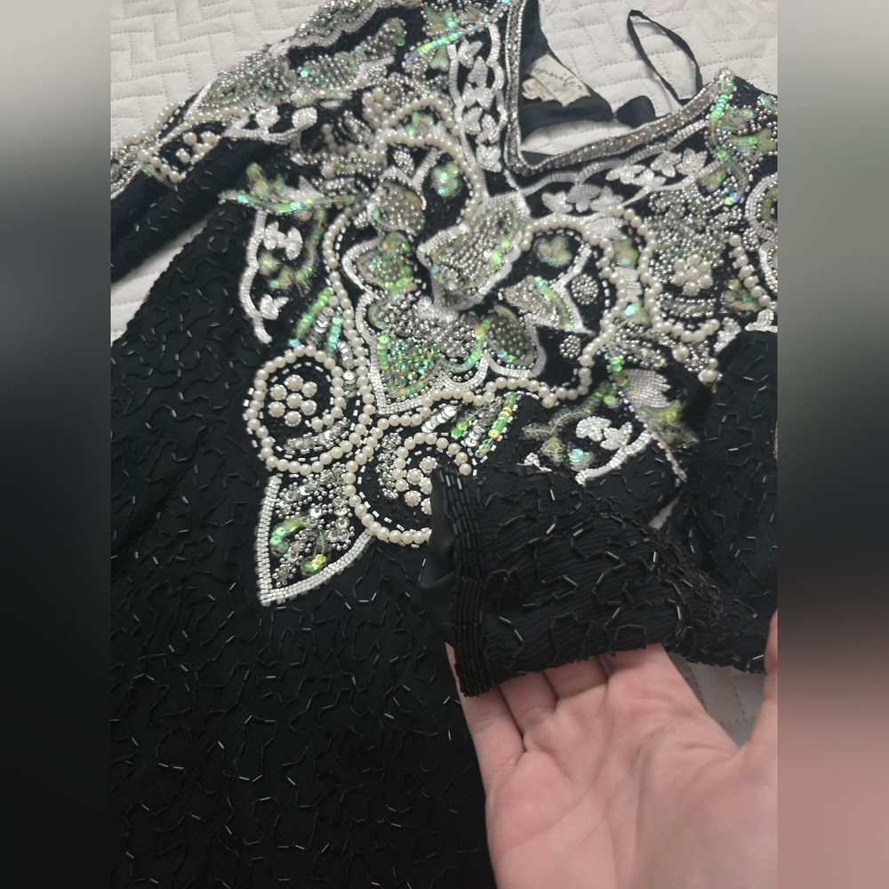 Vingage Elegant Black and Green Sequin Pearl Embellished Dress Silk India - Picture 6 of 10